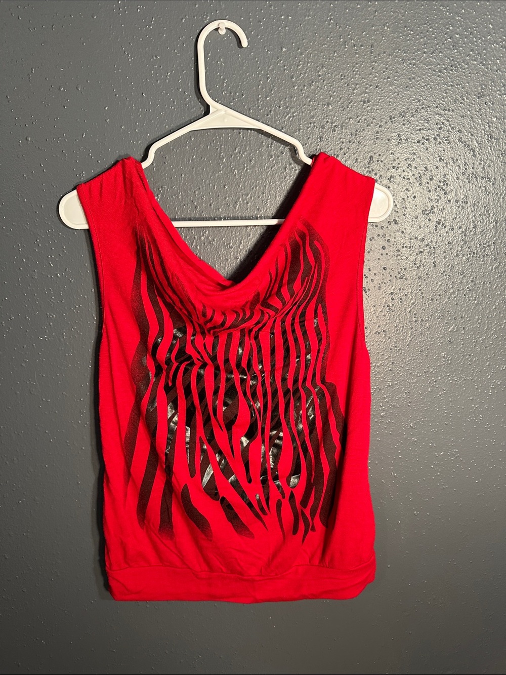 Red Sleeveless Cowl-Back Tank Top with Black Abstract Print